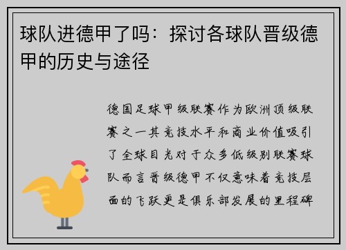 球队进德甲了吗：探讨各球队晋级德甲的历史与途径
