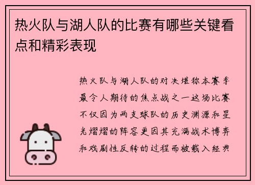热火队与湖人队的比赛有哪些关键看点和精彩表现
